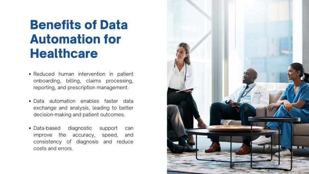 Benefits of Data Automation for Healthcare are reduced human intervention in patient onboarding, billing, claims processing, reporting, and prescription management.