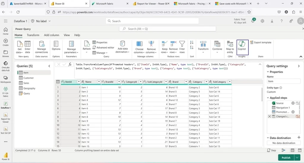 Screenshot Copilot in Microsoft Fabric steps