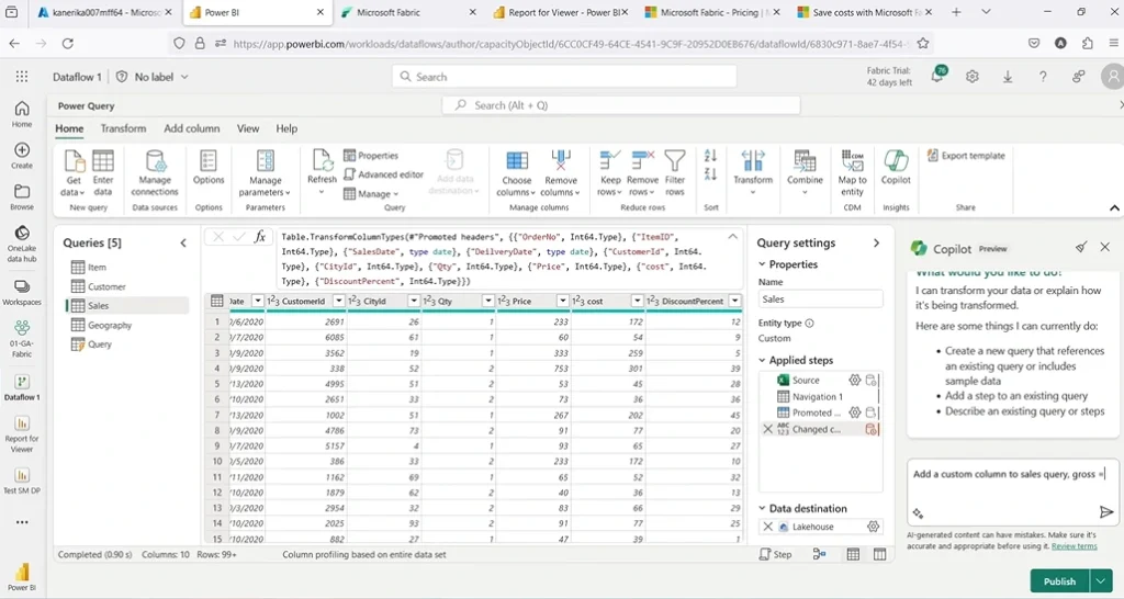 Screenshot Copilot in Microsoft Fabric steps
