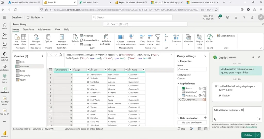 Screenshot Copilot in Microsoft Fabric steps