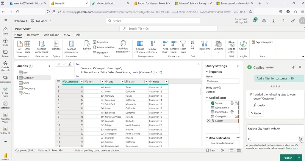 Screenshot Copilot in Microsoft Fabric steps