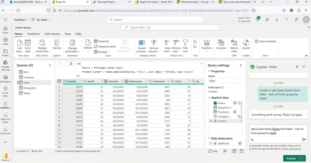 Screenshot Copilot in Microsoft Fabric steps