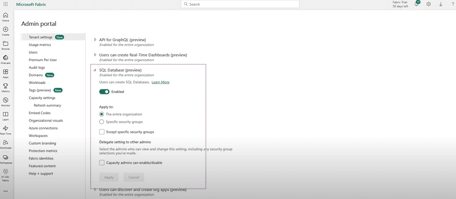 SQL Database in Fabric - Tenant Settings