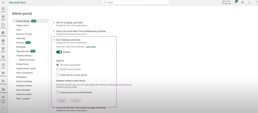 SQL Database in Fabric - Tenant Settings