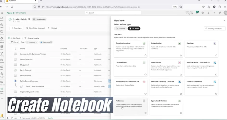 Choose Notebook from the list.
T-SQL Notebook in Microsoft Fabric