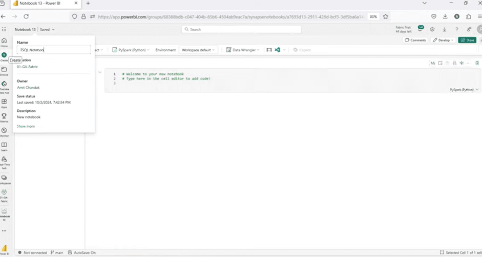 Name your Notebook, e.g., "T-SQL Notebook Demo."  T-SQL Notebook in Microsoft Fabric