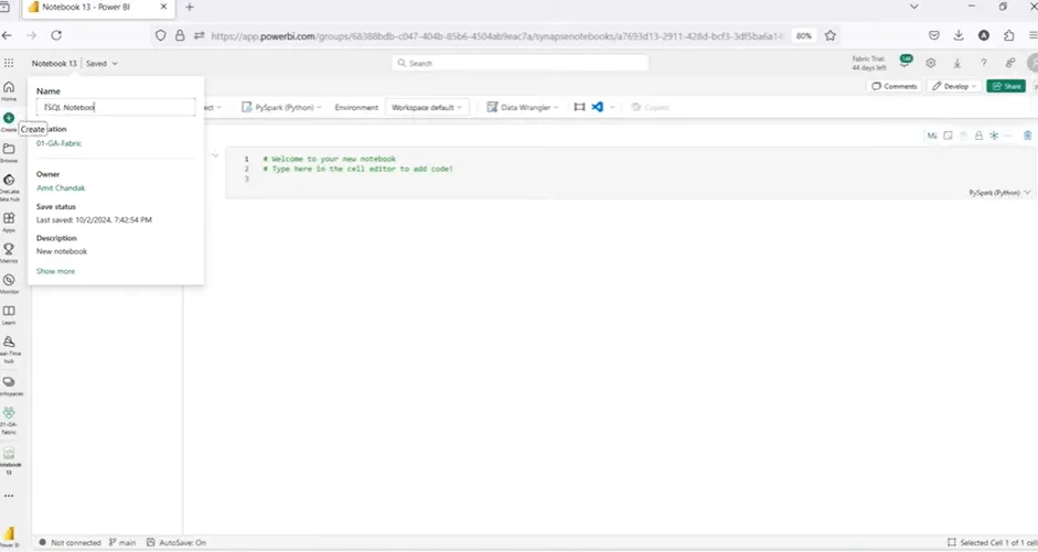 Name your Notebook, e.g., "T-SQL Notebook Demo."  T-SQL Notebook in Microsoft Fabric