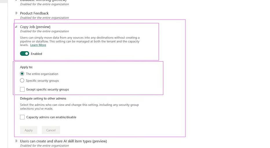 Applying Copy Job (Preview) to entire organisation.