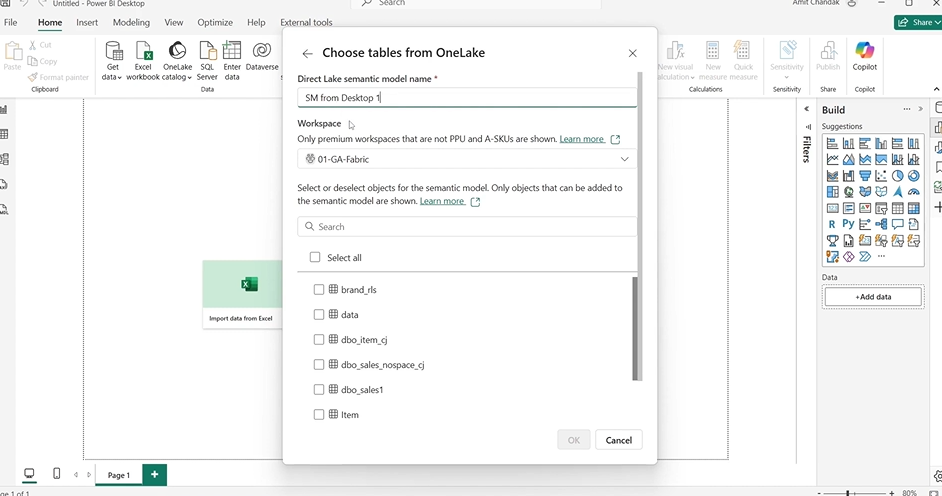 Choose tables from OneLake in Power BI