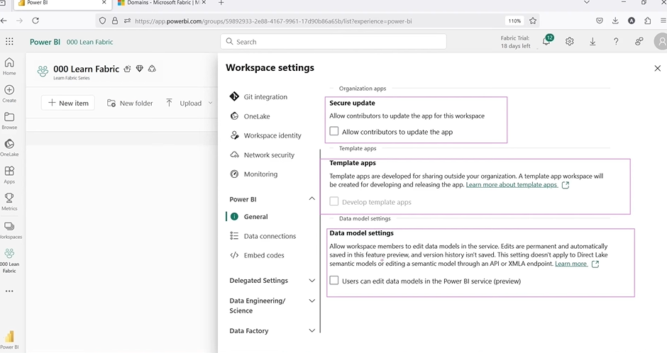Settings in Microsoft Fabric