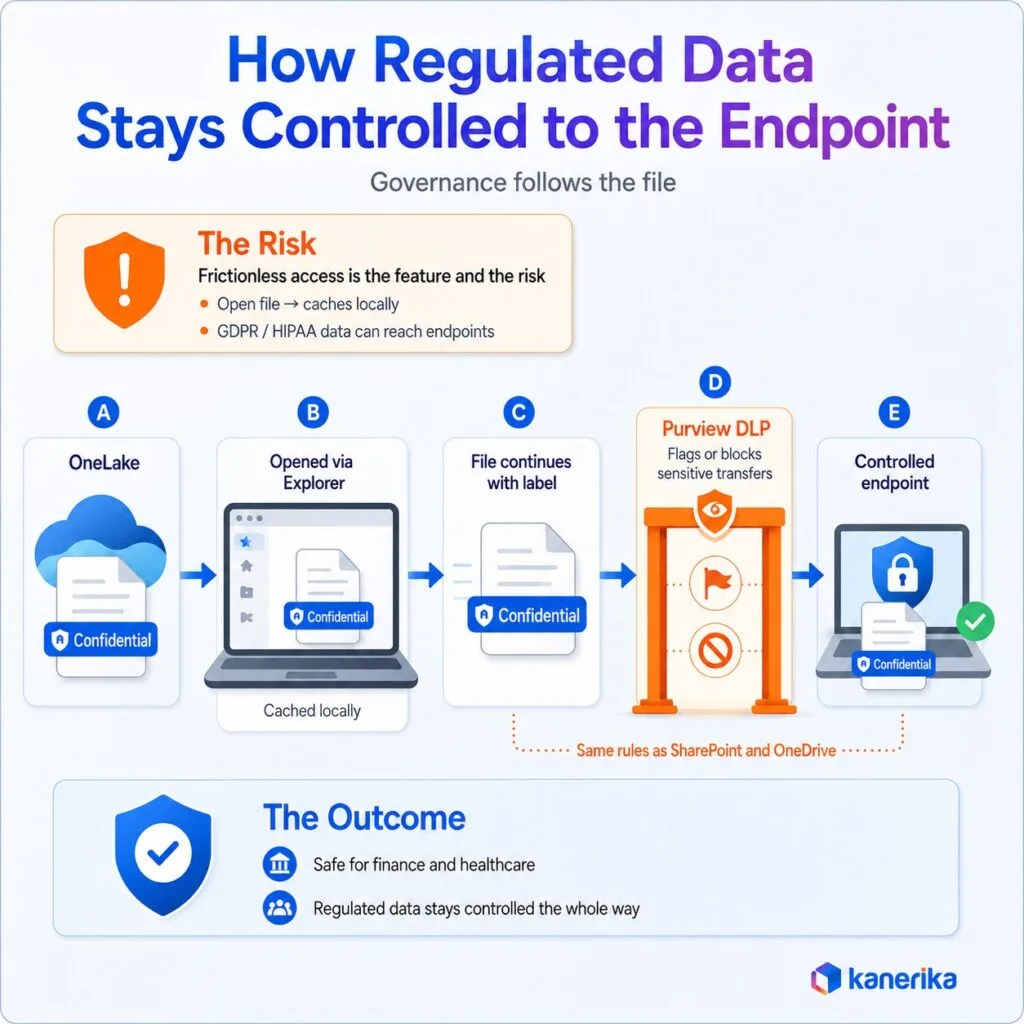 Kanerika infographic showing how Microsoft Fabric OneLake Explorer keeps regulated data protected with Purview DLP, sensitivity labels, and endpoint controls.