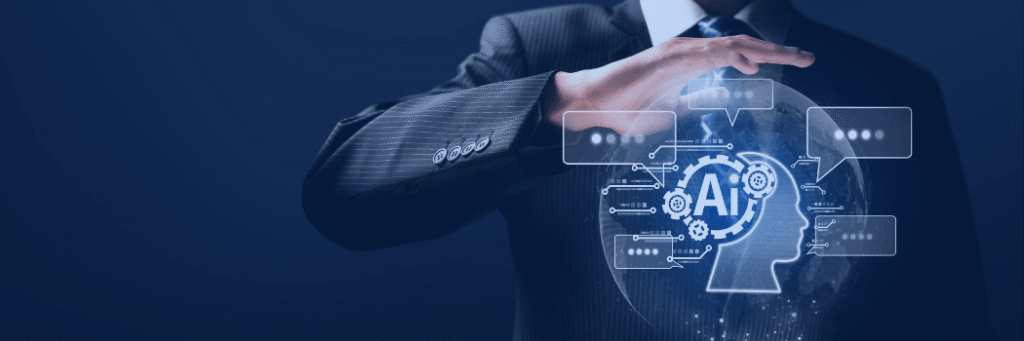 Kanerika blog banner for agentic AI data engineering showing a business leader with AI workflow graphics and digital automation visuals.