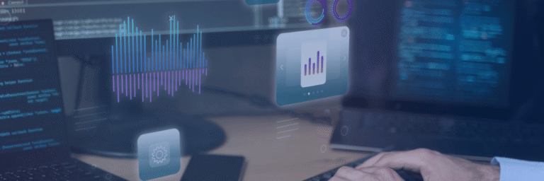 Kanerika blog banner for Databricks Vector Search showing code screens, analytics charts, and data interface visuals on a workstation.
