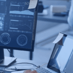 Kanerika blog banner for Databricks Genie ZeroOps with data dashboards on office monitors.