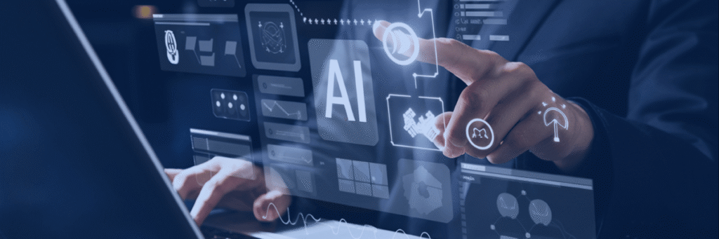 Kanerika visual for context engineering vs prompt engineering showing a user working with an AI interface, digital dashboards, and workflow controls.