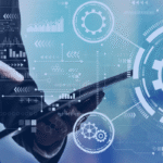 Kanerika blog banner illustrating the debate between Diffusion Models vs. LLMs, featuring a business professional using a digital tablet with AI-powered gears, machine learning interfaces, and automation graphics representing enterprise artificial intelligence, generative AI, and advanced business technology.