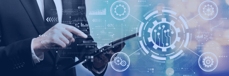Kanerika blog banner illustrating the debate between Diffusion Models vs. LLMs, featuring a business professional using a digital tablet with AI-powered gears, machine learning interfaces, and automation graphics representing enterprise artificial intelligence, generative AI, and advanced business technology.