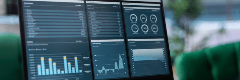 Kanerika blog banner showing analytics dashboards and reports built on Microsoft Fabric OneLake, enabling centralized data management, business intelligence, and data-driven decision-making.
