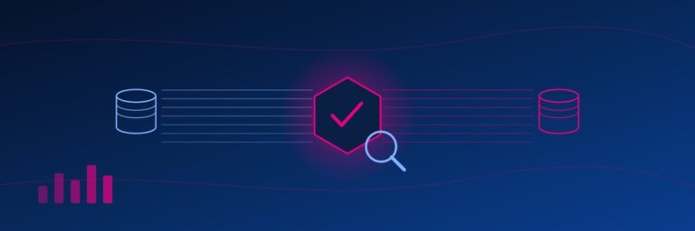 Data migration testing banner showing data validated from a source database to a target system