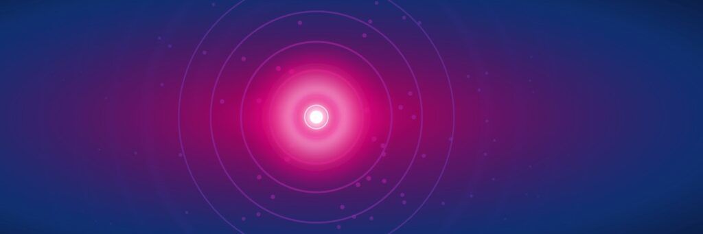 Concentric similarity rings radiating from a single glowing query point, warm magenta near matches falling off to cool blue at the edges, a vector search similarity-falloff heatmap