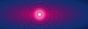 Concentric similarity rings radiating from a single glowing query point, warm magenta near matches falling off to cool blue at the edges, a vector search similarity-falloff heatmap