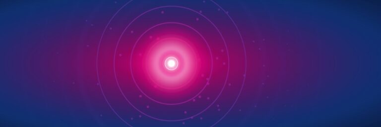 Concentric similarity rings radiating from a single glowing query point, warm magenta near matches falling off to cool blue at the edges, a vector search similarity-falloff heatmap