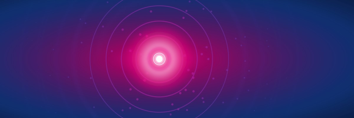 Concentric similarity rings radiating from a single glowing query point, warm magenta near matches falling off to cool blue at the edges, a vector search similarity-falloff heatmap