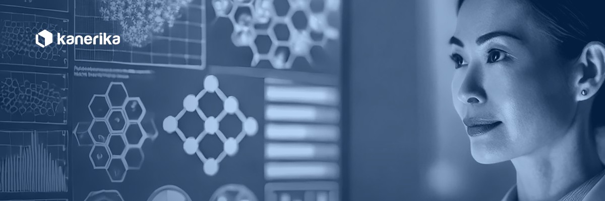 Scientist analyzing healthcare data visualizations, representing AI in clinical data management
