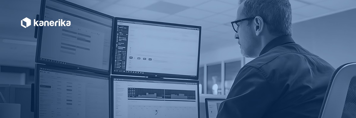 Engineer reviewing data across multiple monitors, representing data migration testing