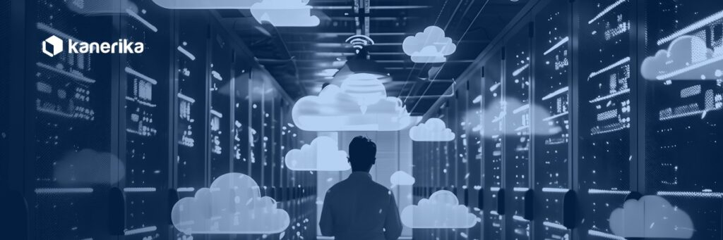 Engineer in a server room with cloud computing visuals, representing Databricks serverless compute