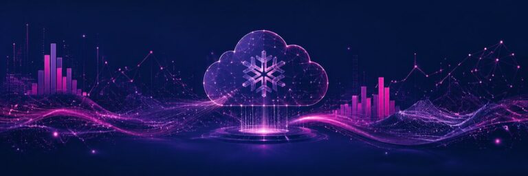 Snowflake data warehouse hero banner, a cloud with a snowflake surrounded by data visualization in navy and magenta