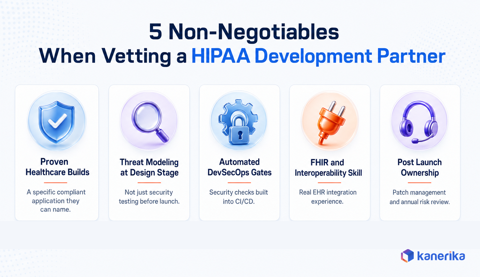 Kanerika infographic of five non-negotiables when vetting a HIPAA compliant software development partner