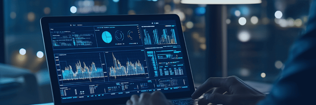 Kanerika blog banner for AI compliance showing analytics dashboards on a laptop screen.