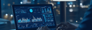 Kanerika blog banner for AI compliance showing analytics dashboards on a laptop screen.