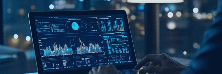 Kanerika blog banner for AI compliance showing analytics dashboards on a laptop screen.