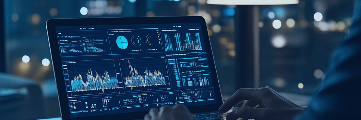 Kanerika blog banner for AI compliance showing analytics dashboards on a laptop screen.