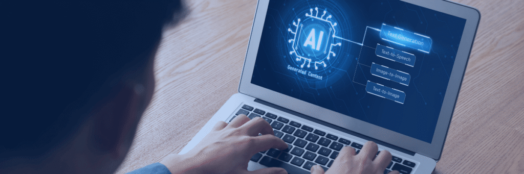 Kanerika blog banner for AI maturity model showing a laptop with generative AI workflows and content generation visuals.