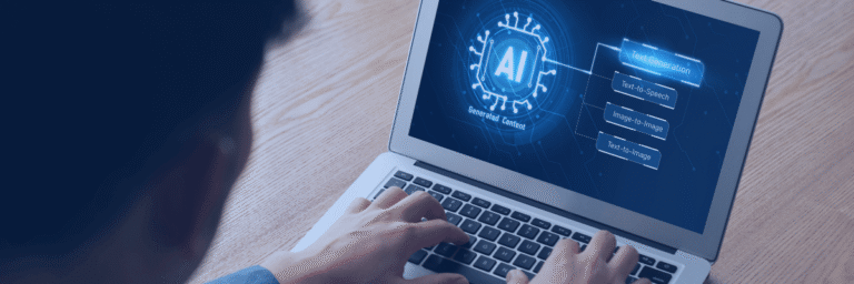 Kanerika blog banner for AI maturity model showing a laptop with generative AI workflows and content generation visuals.