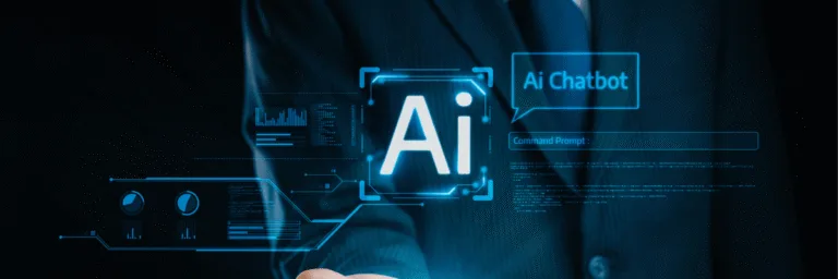 Kanerika blog banner for AI voice agents showing a digital AI chatbot interface on a business screen.