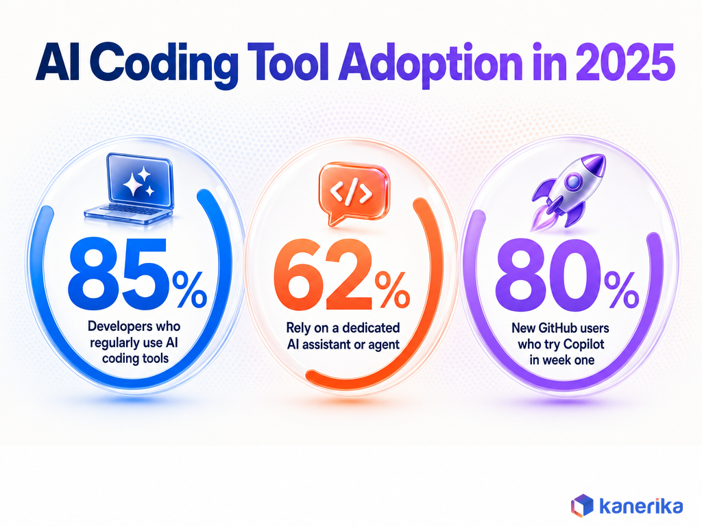 Infographic showing AI coding tool adoption statistics for 2025, 85 percent of developers regularly use AI tools, 62 percent rely on a dedicated AI assistant, 80 percent of new GitHub users try Copilot in week one