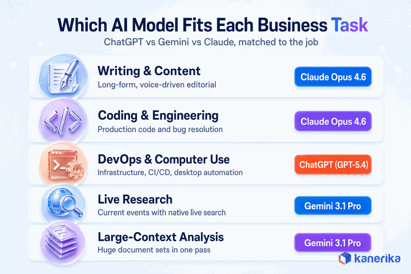 Kanerika infographic showing which AI model fits each business task