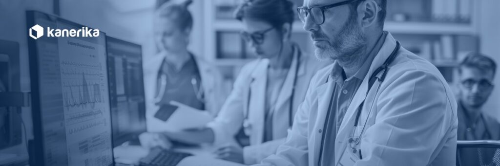 Healthcare IT team reviewing patient data systems, banner for custom healthcare software development guide