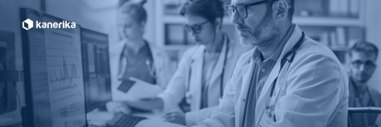 Healthcare IT team reviewing patient data systems, banner for custom healthcare software development guide