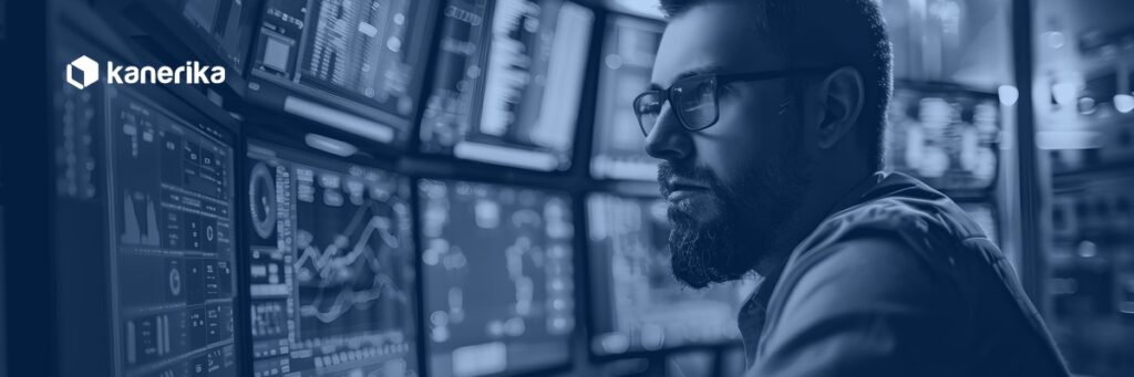Data engineer monitoring pipeline dashboards across multiple screens, hero banner for Kanerika data engineering trends 2026 guide