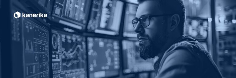 Data engineer monitoring pipeline dashboards across multiple screens, hero banner for Kanerika data engineering trends 2026 guide