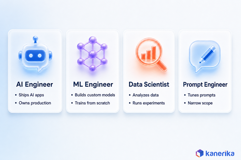 Infographic comparing AI Engineer, ML Engineer, Data Scientist, and Prompt Engineer roles and responsibilities