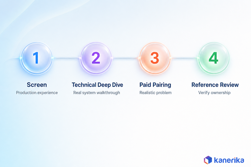 Infographic of a 4-stage AI engineer interview process, screen, technical deep dive, paid pairing, and reference review