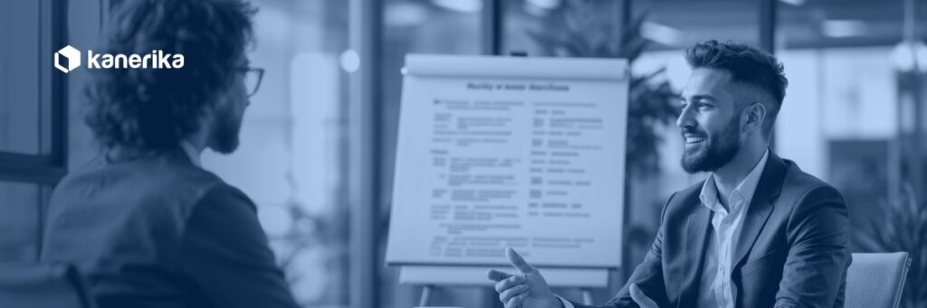 Hiring manager interviewing a data scientist candidate at Kanerika, illustrating how to hire a data scientist for enterprise AI and analytics teams