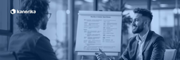 Hiring manager interviewing a data scientist candidate at Kanerika, illustrating how to hire a data scientist for enterprise AI and analytics teams