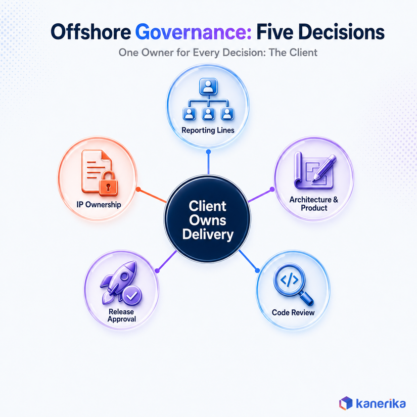 Kanerika infographic of offshore staff augmentation governance, five client-owned decisions radiating from a central hub: reporting lines, architecture and product, code review, release approval, and IP ownership